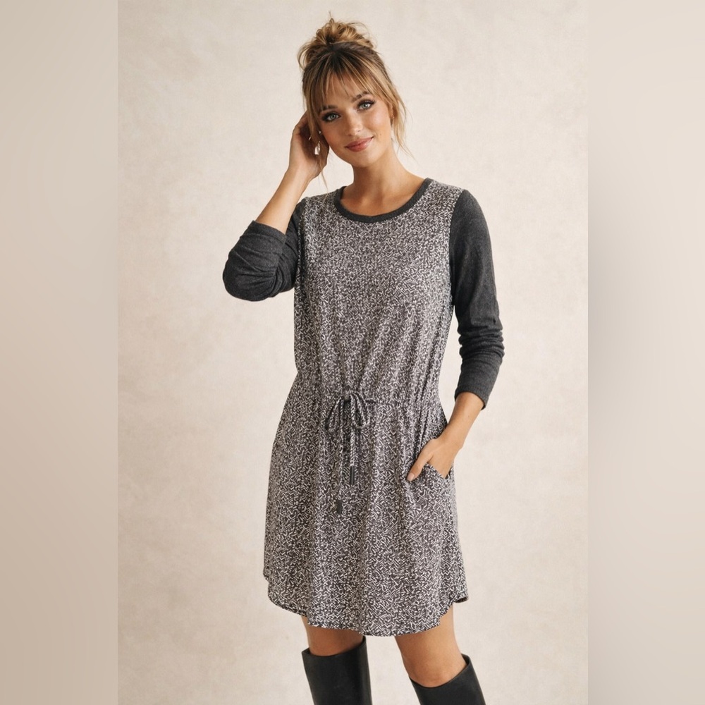Lou & Grey Knit Sleeve‎ Rayon Dress Drawstring Waist Pockets Small